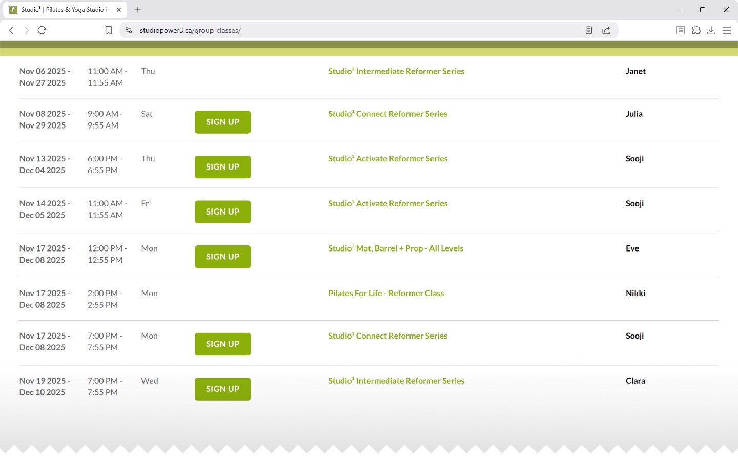 studiopower3.ca - Group Classes page (desktop viewport)